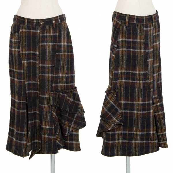 ワイズY's ウールチェックギャザーフラップ切替スカート 黒緑2