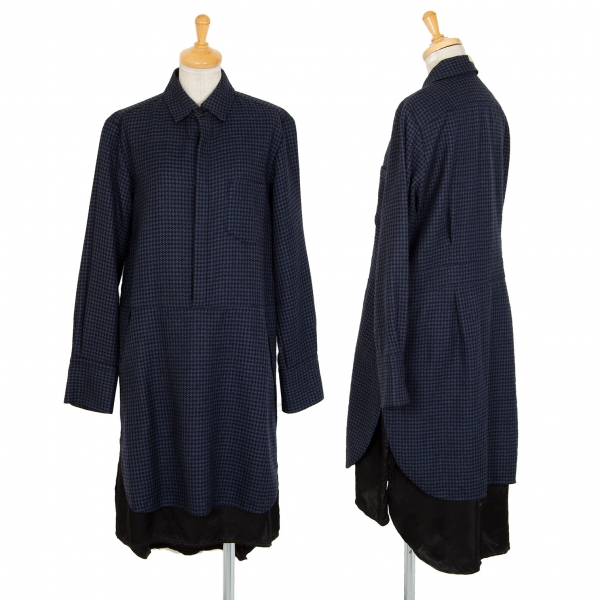 ワイズY's 裾レイヤードハウンドトゥースシャツワンピース 青黒2