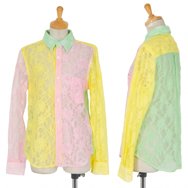 コムデギャルソンCOMME des GARCONS レースクレイジーパターンシャツ 黄緑黄ピンクS