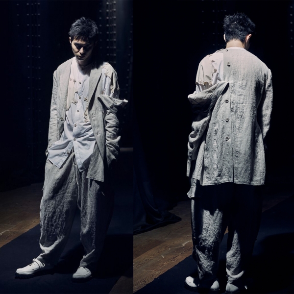 ヨウジヤマモト プールオムYohji Yamamoto POUR HOMME 襟なし左身釦あきリネンセットアップスーツ 黒2