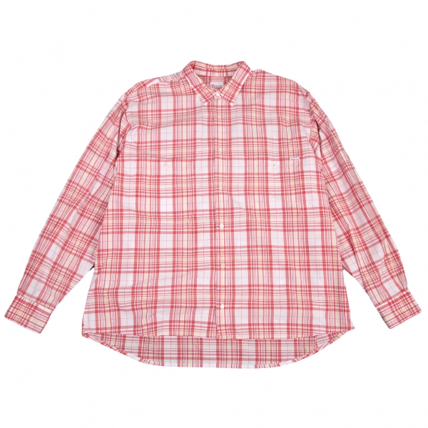 パパスPapas 袖レイヤードマドラスチェックシャツ 白赤L