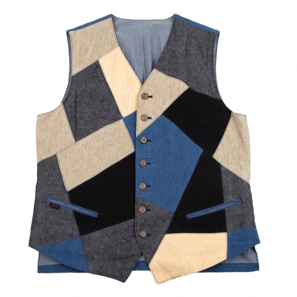 Papas Linen Patchwork Vest (Waistcoat) Blue,Beige,Black 48M | PLAYFUL