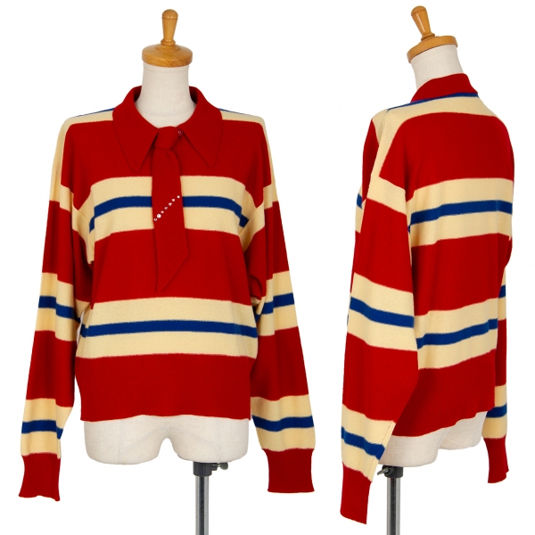 ソニアリキエルSONIA RYKIEL ウールアンゴララインストーン装飾タイ付きボーダーニットポロシャツ 赤クリーム36(M)