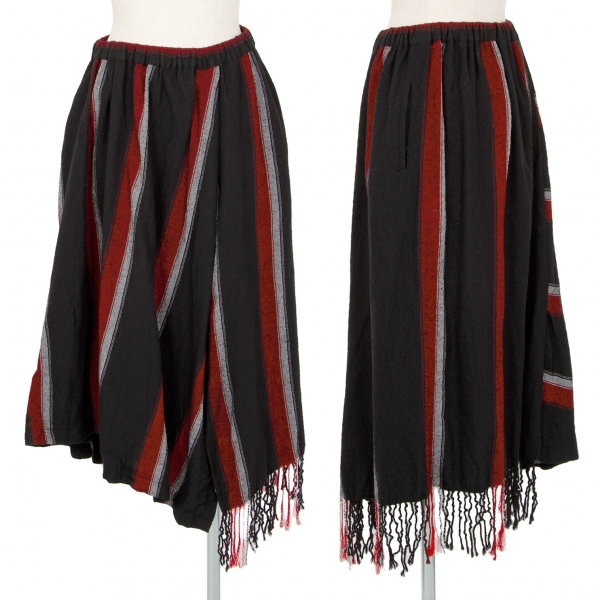 ワイズY's ウールレーヨンストライプフリンジデザインスカート 黒赤2