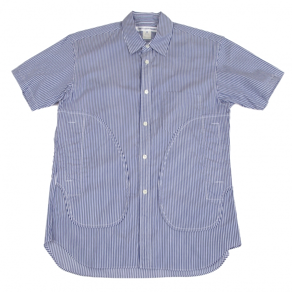 コムデギャルソンシャツCOMME des GARCONS SHIRT ストライプポケットデザイン半袖シャツ 青白XS