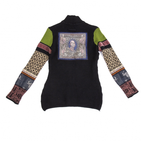 ジャンポールゴルチエ マイユJean Paul GAULTIER MAILLE ウールコットン袖クレイジーパターンバック刺繍貼り付けハイネックニットセーター 黒40