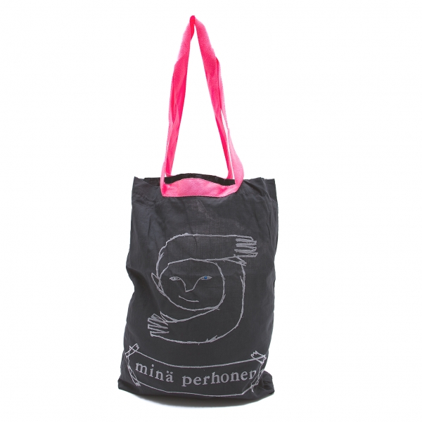 ミナペルホネンmina perhonen ビジュー装飾フロッキープリントトートバッグ 黒ピンク
