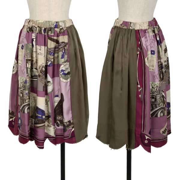 コムデギャルソンCOMME des GARCONS シルク裾ラウンドカッティングトラベルプリントスカート 紫カーキ他XS