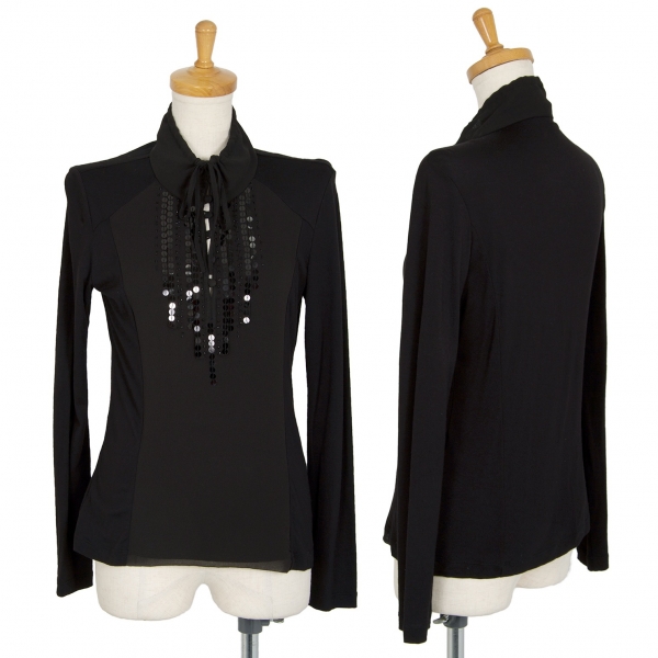 ヒロコビスHIROKO BIS レーヨンナイロンスパンコール装飾ハイネック長袖カットソー 黒9
