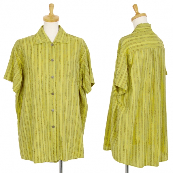ロメオジリROMEO GIGLI ストライプ織り半袖シャツ 黄緑9T