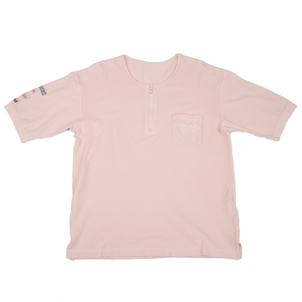 パパスPapas コットンストレッチ鹿の子ハーフジップTシャツ 薄ピンク50L