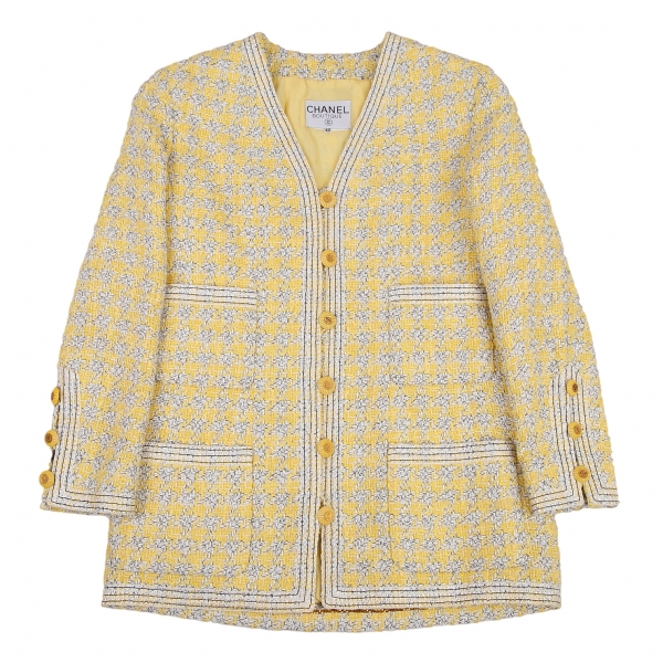 CHANEL Fancy Tweed Hound tooth Jacket Yellow 40