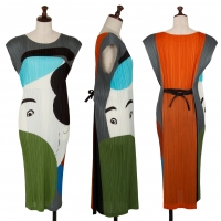  Unbranded Sharaku Ukiyo-e Print Pleats Dress Multi-Color S-M