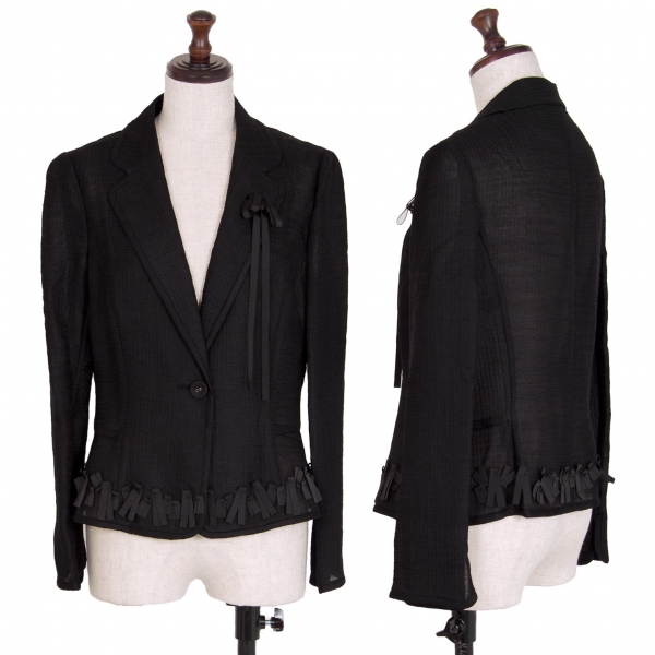 ランバンコレクションLANVIN collection ウールシルクシースルーリボン装飾ジャケット 黒38