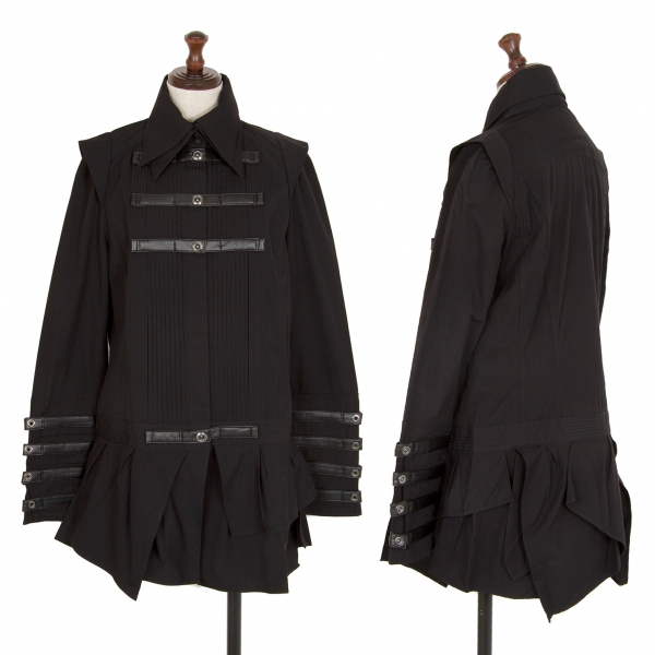 アツロウタヤマATSURO TAYAMA コットン二枚仕立てベルトデザインプリーツフリルシャツ 黒38