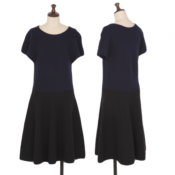 ATSURO TAYAMA Wool Bicolor French Sleeve Knit Dress Navy,Black 36