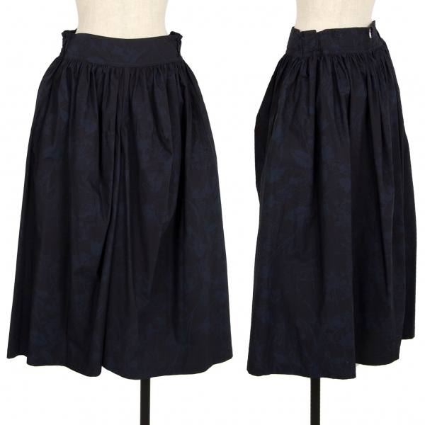 ワイズY's コットンフローラルプリントギャザースカート 青黒2