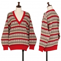  Mademoiselle NON NON Fair isle V neck Knit Sweater (Jumper) Red M-L