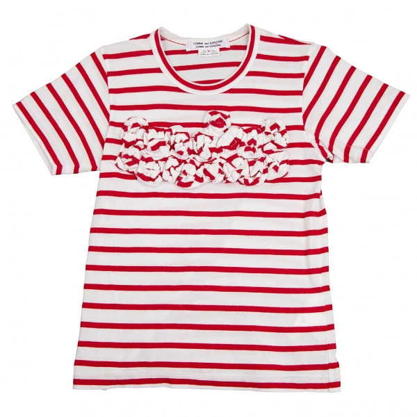 コムコム コムデギャルソンCOMME des GARCONS コサージュ装飾ボーダーTシャツ 白赤S