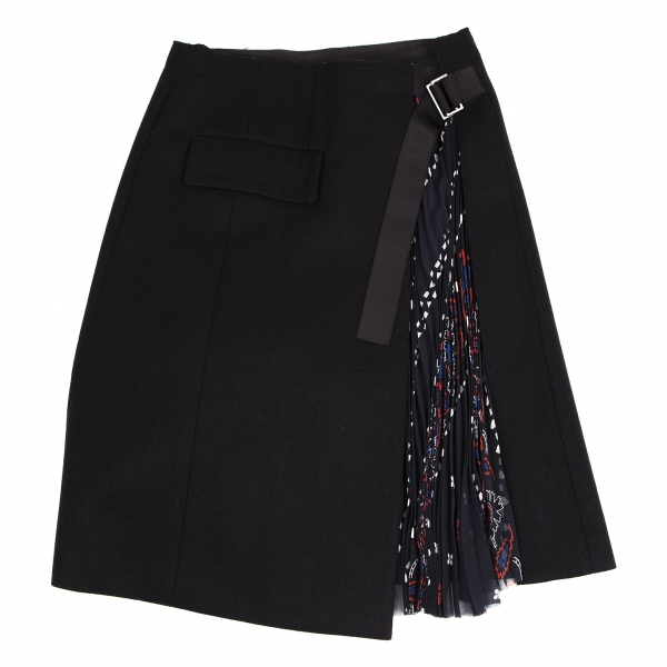sacai Chiffon Paisley Pleated Switching Wool Wrap Skirt Black 3