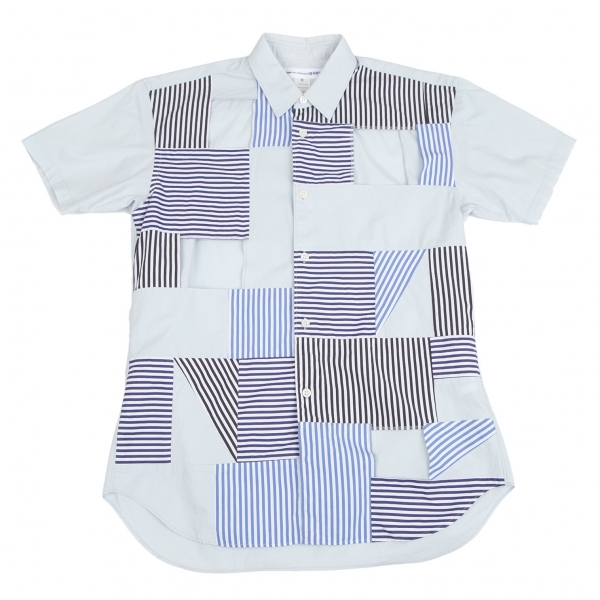 COMME des GARCONS SHIRT Striped Patchwork Short Sleeve Shirt Sky
