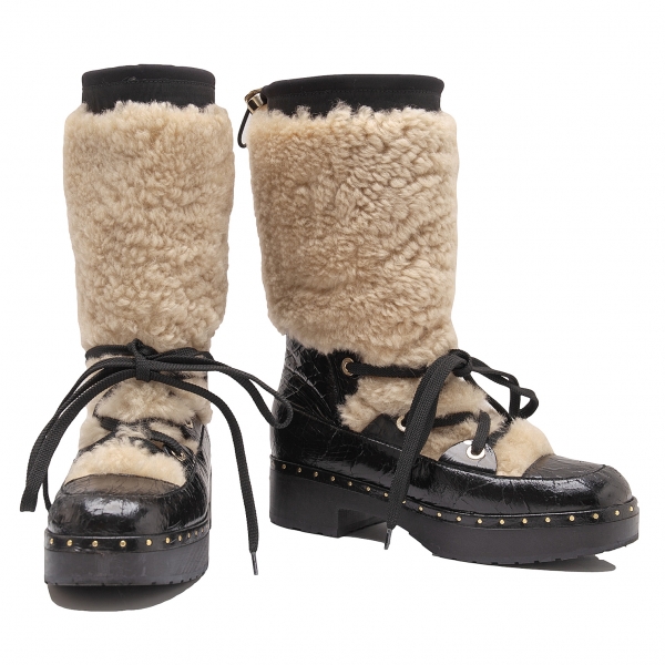 CHANEL Cocomark Shearling Snow Boots Black,Beige 39