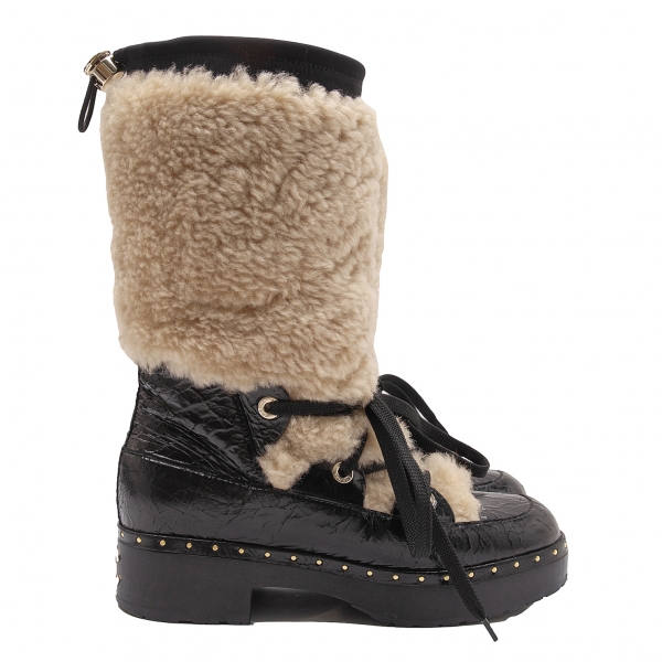 CHANEL Cocomark Shearling Snow Boots Black,Beige 39