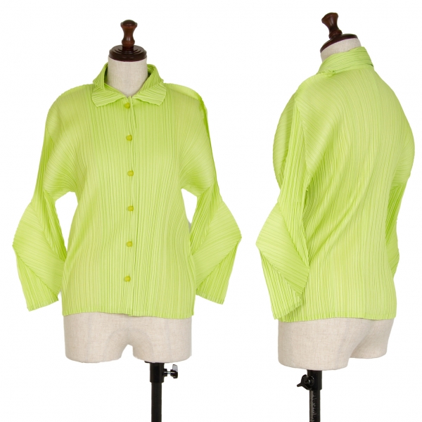 プリーツプリーズPLEATS PLEASE プリーツラウンドカラーシャツ 黄緑3