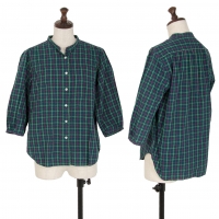  MARGARET HOWELL Stand-collar Check 3/4 Sleeve Shirt Green 2