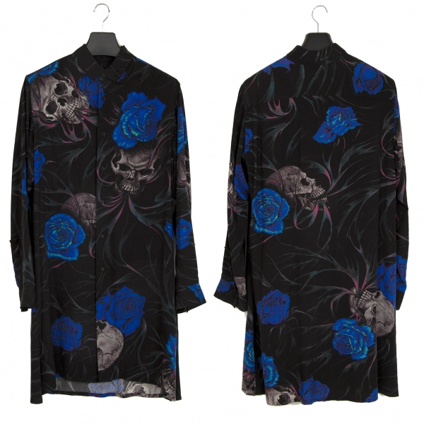 BLACK Scandal Yohji Yamamoto Skull Rose Fire Long Shirt Black,Blue
