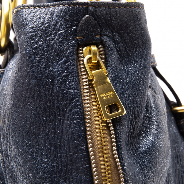 PRADA Side Zipper Design Leather Shoulder Bag Navy