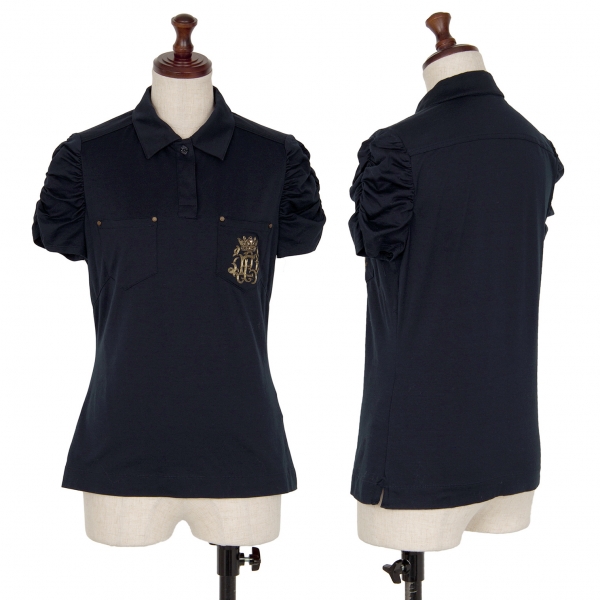 エポカEPOCA シャーリングスリーブ金糸刺繍ポロシャツ 紺40