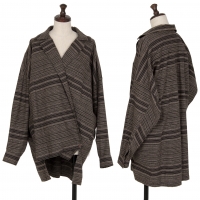  ISSEY MIYAKE Cotton Silk Striped Off-shoulder Long Sleeve Shirt Brown 9