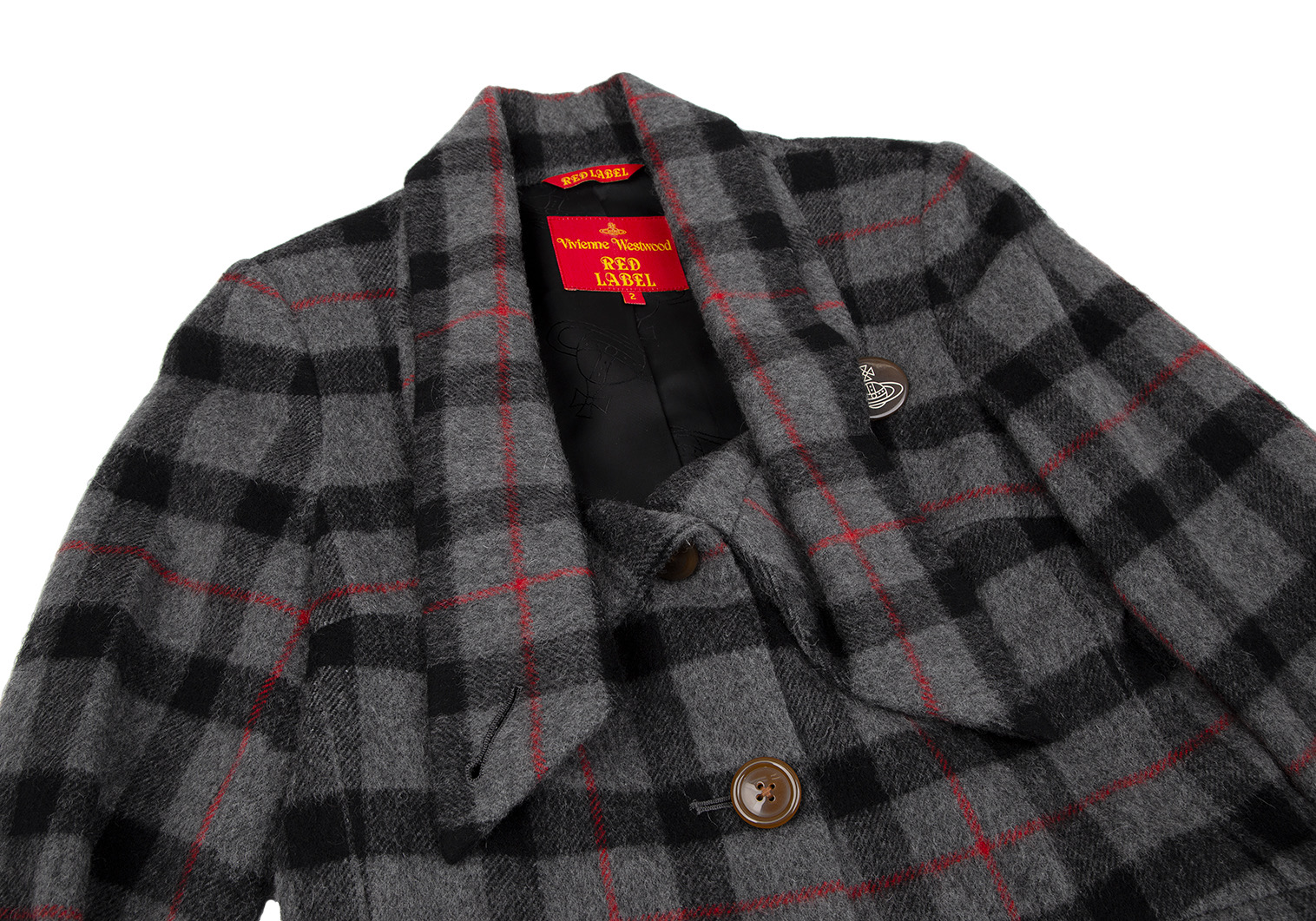 Vivienne Westwood ウール チェック コート 変形襟 M グレー