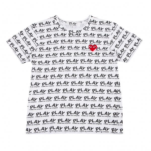 プレイ コムデギャルソンPLAY COMME des GARCONS ロゴ総柄プリント胸ハートワッペンTシャツ 白S
