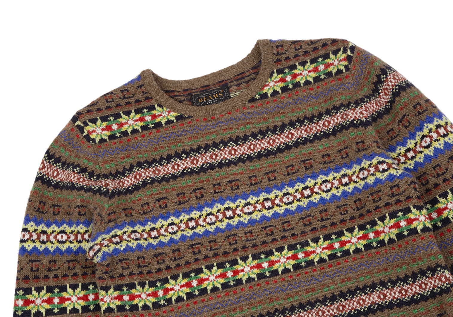 BEAMS PLUS Fair Isle Pattern Knit Sweater (Jumper) Brown,Multi-Color S ...