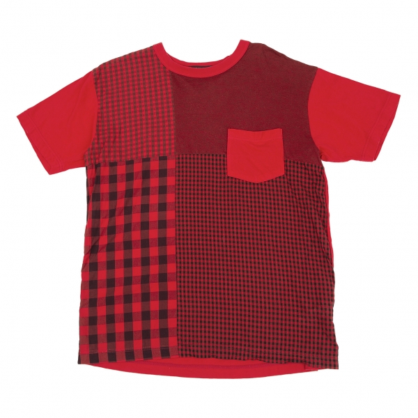 カバンドズッカCABANE de ZUCCA 製品染めマルチチェック切替Tシャツ 赤黒M