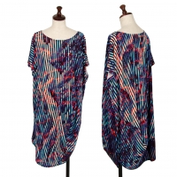  ISSEY MIYAKE Stripe Graphic Printed Drape Dress Blue 2