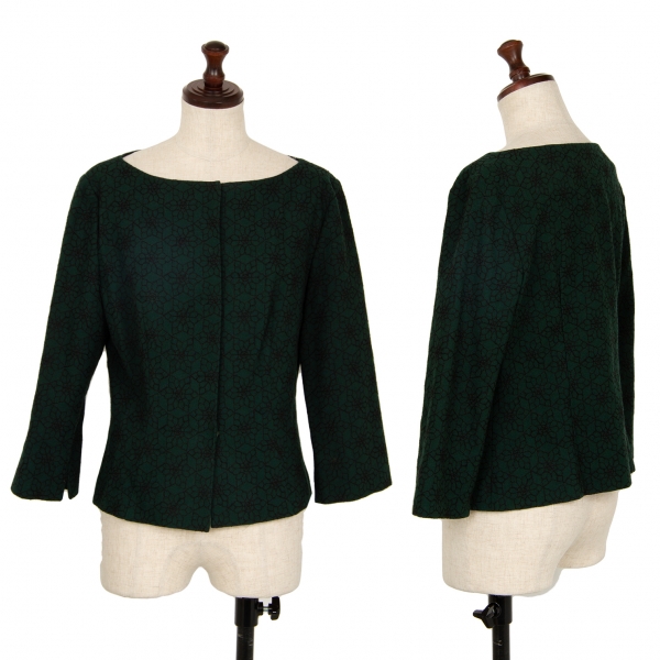 シビラSybilla フローラル織りウールノーカラー7分袖ジャケット 深緑L