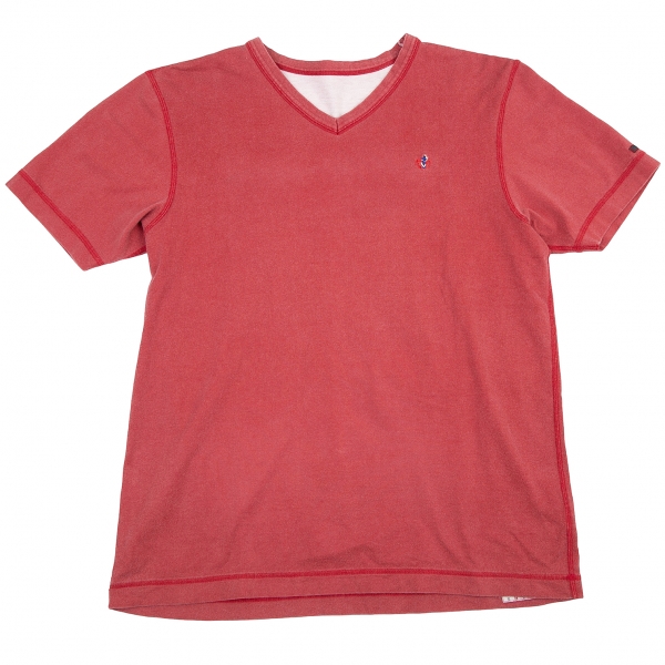 パパスPapas ハートワンポイント刺繍VネックTシャツ 赤48M
