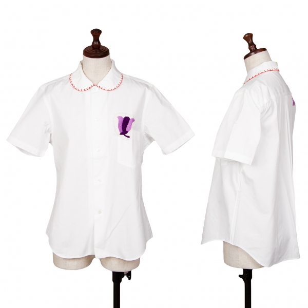 コムコム コムデギャルソンCOMME des GARCONS 刺繍ワッペン丸襟半袖シャツ 白紫赤S