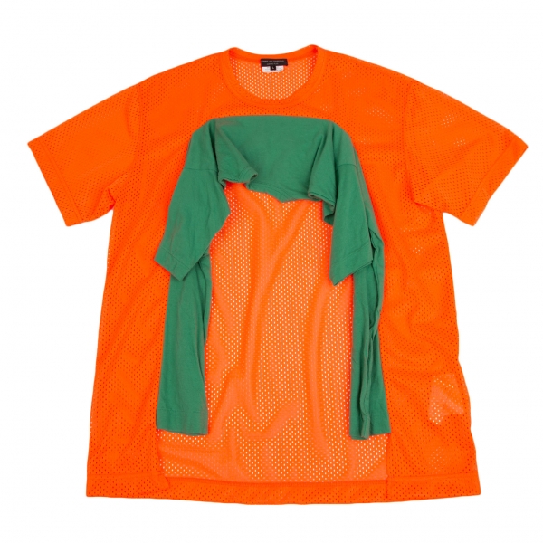 コムデギャルソン オムプリュスCOMME des GARCONS HOMME PLUS ドッキングカットオフデザインメッシュTシャツ オレンジ緑L