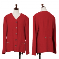  ISSEY MIYAKE Linen Floral Switching Collarless Jacket Red M