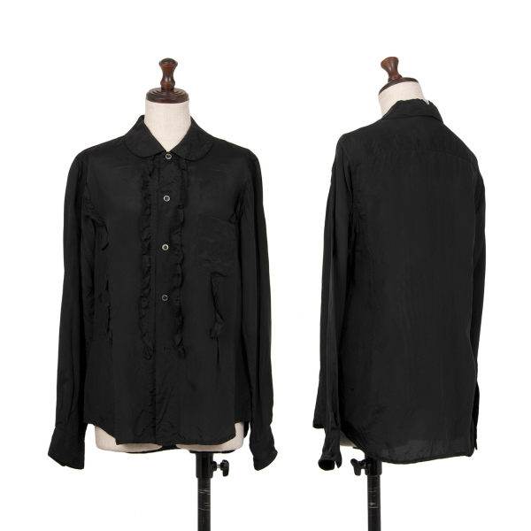 ブラックコムデギャルソンBLACK COMME des GARCONS キュプラフリル装飾ラウンドカラーシャツ 黒M