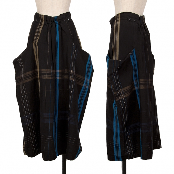 ワイズY's コットンリネンチェック変形スカート 黒青2