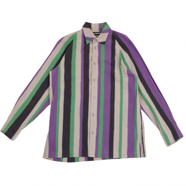 イッセイミヤケ メンISSEY MIYAKE MEN コットンクレープ滲みラインプリントシャツ ベージュ紫緑3