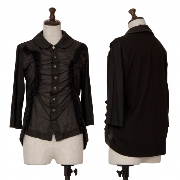 トリココムデギャルソンtricot COMME des GARCONS ニットフリル装飾七分袖ラウンドカラーシャツ 黒M