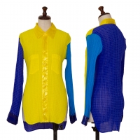  ISSEY MIYAKE Pattern Switching Pleated Long Sleeve Shirt Yellow,Blue M