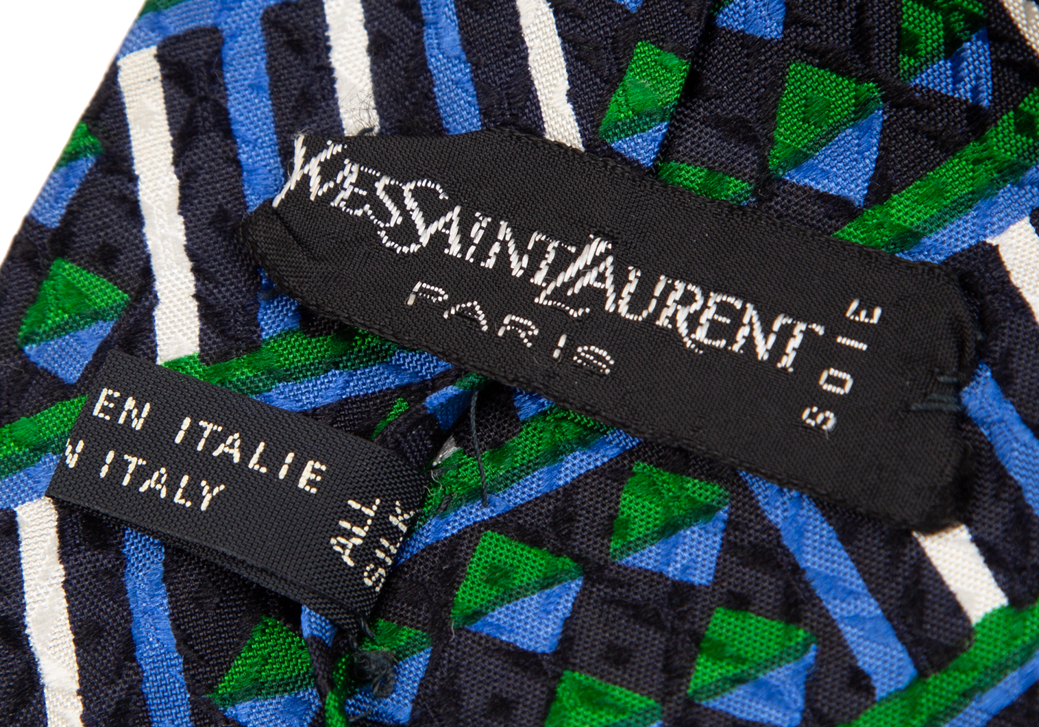 イヴサンローランYves Saint Laurent シルク幾何学模様ネクタイ 黒青白緑