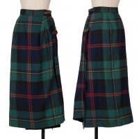  Ralph Lauren Checker Fringe Belted Wool Wrap Skirt Navy,Green 9